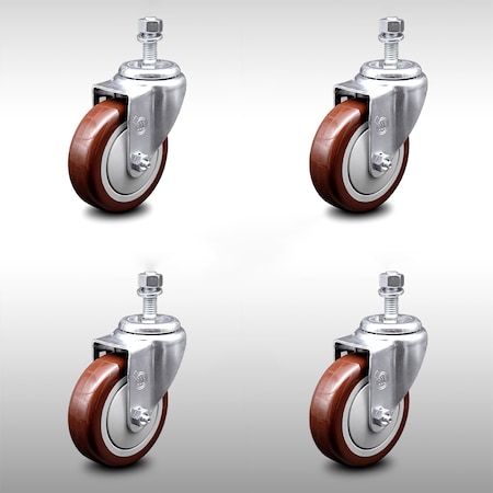 Service Caster 4 Inch SS Maroon Polyurethane Wheel Swivel 12mm Threaded Stem Caster Set SCC SCC-SSTS20S414-PPUB-MRN-M1215-4